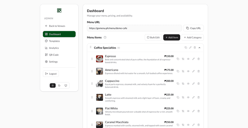 Dashboard interface showing real-time menu updates
