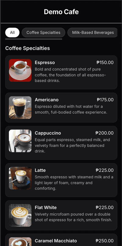 Mobile menu view on iPhone